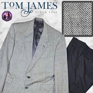 Vtg Tom James Executive Wool Suit Men 44 Herringbone Grey Hand Tailored USA Made